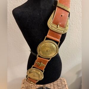 Vintage Aignon Spain Wide Leather Belt Brass Medallion Boho Western Belt Size L